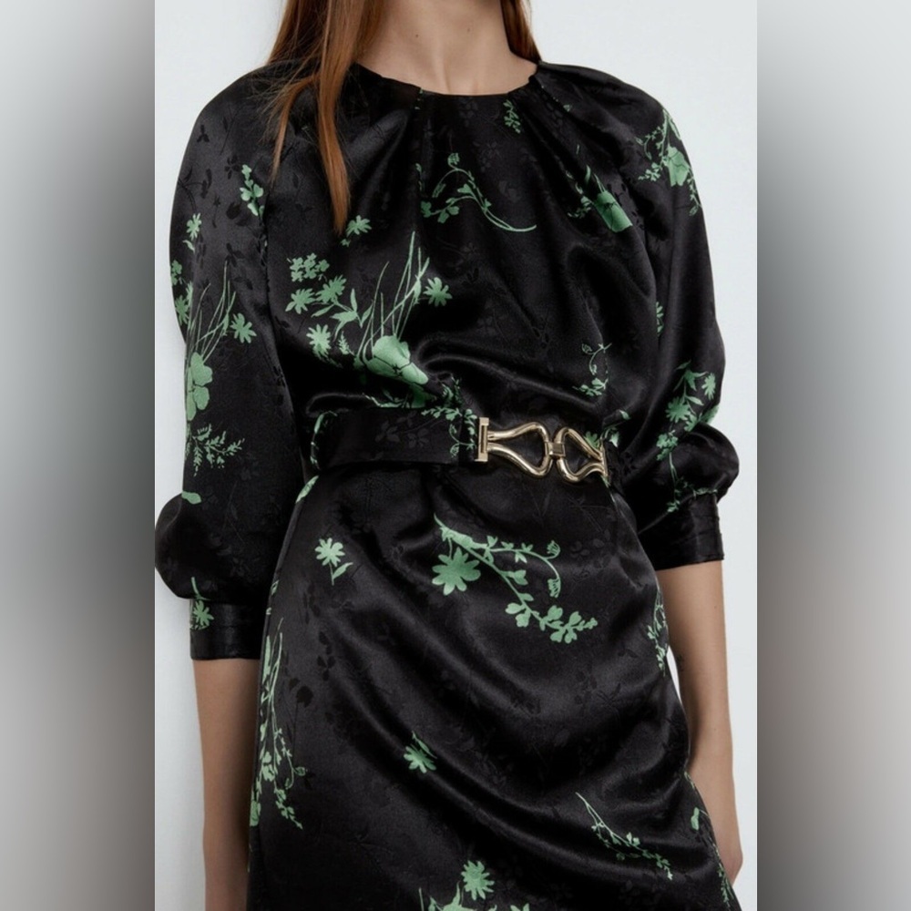 Zara Green Black Jacquard Floral Print Belted Mini Dress, Size S - Picture 16 of 16